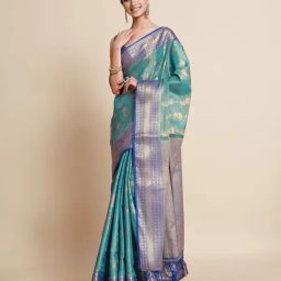 Mimosa Turquoise Floral Print Art Silk Kanjivaram Saree With Blouse-image-50