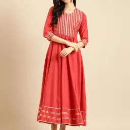 SHOWOFF Red Cotton Embroidered Ankle Length A Line Kurta-picture-18