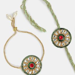 NVR Gold Kundan-Studded Handcrafted Wraparound Rakhi Set with Roli Chawal - Set of 2 image 4