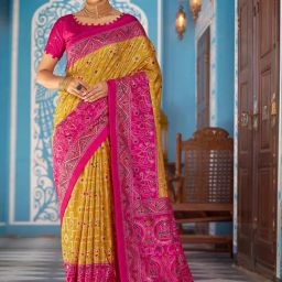 Satrani Yellow & Pink Printed Saree With Unstitched Blouse-image-80