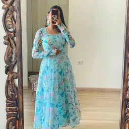 Femvy Floral Printed Empire Round Neck Anarkali Kurta With Dupatta-34