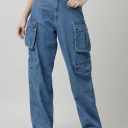 Bene Kleed Blue Cotton Relaxed Fit High Rise Cargo Jeans-image-28