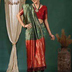 Satrani Green Silk Blend Woven Saree With Unstitched Blouse-picture-29