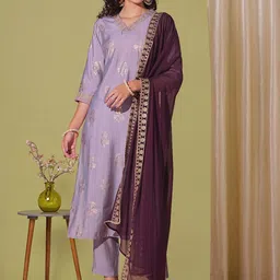 KALINI Floral Woven Design V-Neck Zari Straight Kurta With Trousers & Dupatta-picture-6