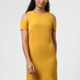 Harpa Women Mustard Solid Cold Shoulder Sheath Dress-image-89