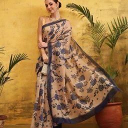 Silk Land Beige & Blue Floral Printed Saree-picture-39
