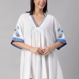 Oxolloxo White & Blue Printed Beachwear Dress-image-50