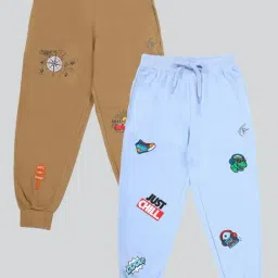 Kiddopanti Boys Ink Blue & Khaki Cotton Printed Trackpants - Pack of 2-picture-30