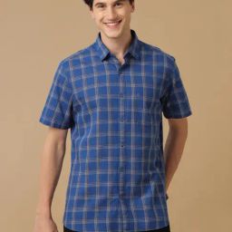 CAVALLO by Linen Club Blue Contemporary Fit Check Shirt-image-55