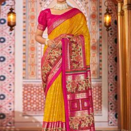 Satrani Yellow & Pink Printed Saree With Unstitched Blouse-image-37