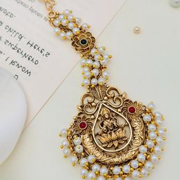 ABDESIGNS Gold-Plated Stones Studded & Beaded Temple Maang Tikka Head Jewellery-image-47