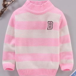 Babyhug Full Sleeves Knit Sweater With Stripes Design & Letter Embroidery- Pink-image-6
