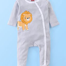 Babyhug Cotton Full Sleeves Sleep Suit Lion & Stripes Print- Lavender & White-image-8