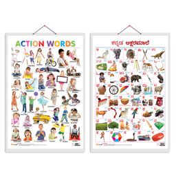 GO WOO  Set of 2 Action Words and Kannada Alphabet Early Learning Educational Charts for Kids 20X30 inch Non-Tearable and Waterproof Double Sided Laminated Perfect for Homeschooling, Kindergarten and Nursery Students-24