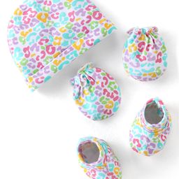 Babyhug 100% Cotton Knit Printed Cap Mittens & Booties - Multicolor-picture-8