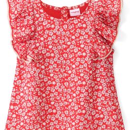 Babyhug Rayon Woven Frill Sleeves Top With Lace Detailing Floral Print - Red-image-73