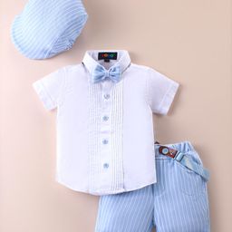 Robo Fry Cotton Woven Half Sleeves Solid Shirt & Striped Shorts Set With Cap Bow & Suspender - White & Light Blue-image-64