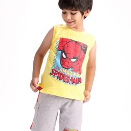 Babyhug Marvel Single Jersey Knit Sleeveless T-Shirt & Shorts With Spiderman Graphics - Yellow & Grey-image-99