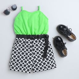 Taffykids Sleeveless  Geometric Printed Knitted Jumpsuit With Belt -  Green & Black-image-3