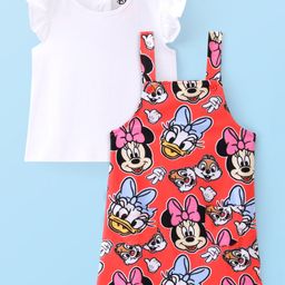 Babyhug Disney Single Jersey Dungaree Style Frock Minnie Mouse Print with Frill Sleeves Solid Top - Red & White-image-52