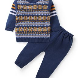 Babyhug Knit Full Sleeves Sweater & Pant Set Floral Design - Navy Blue-image-64