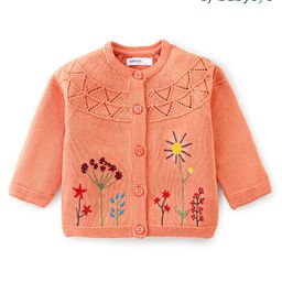 Babyoye Knitted Full Sleeves Front Open Sweater With Floral Embroidery Detailing - Peach-image-1