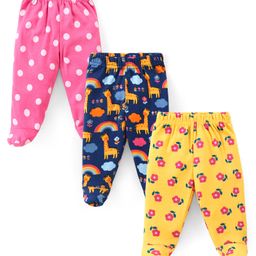 Babyhug Cotton Knit Interlock  Footed Bootie Leggings Polka Dots & Floral Print Pack of 3 - Blue Pink & Yellow-image-75
