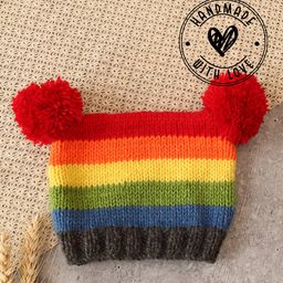 Woonie Handknitted Colour Blocked Pom Pom Detailed Cap - Multi Colour-picture-11