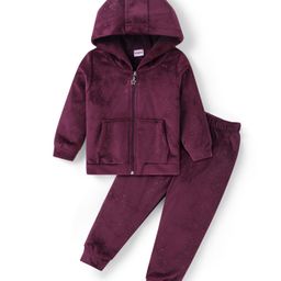 Babyhug Velour Woven Full Sleeves Glitter Printed Hooded Sweatjacket & Lounge Pant Set with Kangaroo Pockets - Wine-image-41