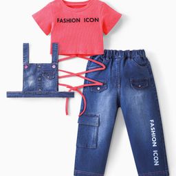 Ollington St. Cotton Knit Half Sleeves Text Printed Top With Denim Vest & Cargo Pants - Neon Pink & Indigo-image-100
