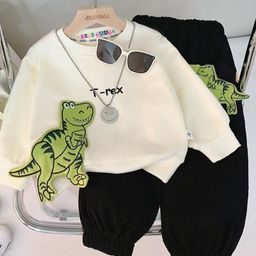 Googo Gaaga Cotton Full Sleeves Dinosaur Patch Embroidered Sweatshirt & Joggers Set - Cream-image-69