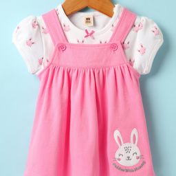 ToffyHouse Woven Frock & Half Sleeves Inner Tee With Bunny Print - Pink & White-image-55