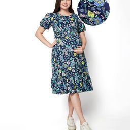 Bella Mama Women Short Sleeves Maternity Dress With Pocket & Flower Print - Navy Blue-image-58