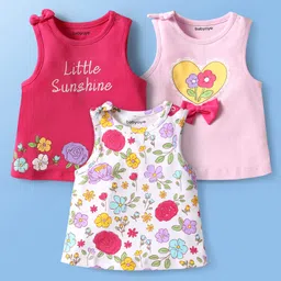 Babyoye 100% Cotton Knit Eco Jiva Sleeveless T-Shirts with Floral & Bow Applique Pack of 3 -Pink & White-picture-18