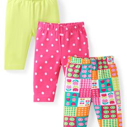 Babyhug Cotton Lycra Knit Three Fourth Length Leggings With Polka Dot & Floral Print Pack of 3 - Pink & Light Green-image-91