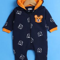 BUMZEE Cotton Knit Full Sleeves Front Open Hooded Romper with Bear Print & Patch - Navy Blue-image-69