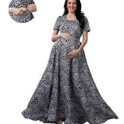 Mom for sure by Ketki Dalal Woven Half Sleeves Leopard Printed Maternity Dress With Side Zipper Nursing Access - Grey-image-24