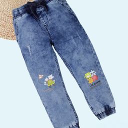 Kiddopanti Denim Teddy Bear Printed & Distressed Jogger Style Jeans - Blue-image-45