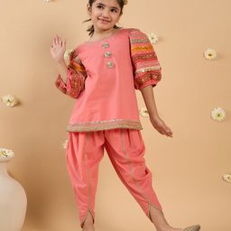 Pspeaches Cotton Half Balloon Sleeves Floral Applique Detailed & Gota Lace Embellished Kurta & Dhoti Set - Peach-image-45