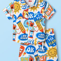 Babyhug Single Jersey Knit Half Sleeves Shirts and Shorts Co-Ord Set with Animal & Text Print - White & Blue-image-1