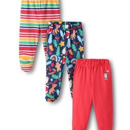 Babyhug Cotton Knit Full Length Bootie Leggings With Stripes & Christmas Theme Print Pack Of 3 - Multi Colour-picture-3