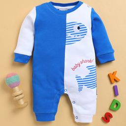 Wonderchild Interlock Full Sleeves Colour Blocked Shark Printed Romper - White & Royal Blue-image-89