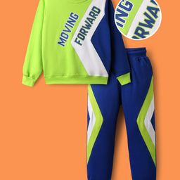OLLINGTON ST. Cotton Looper Knit Full Sleeves Printed Sweatshirts & Knit Joggers with Cut & Sew Design - Green White & Royal Blue-image-91
