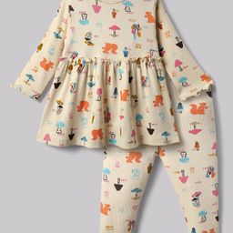 CUCUMBER Interlock Knit Full Sleeves Animal Printed Frock With Leggings - Cream-picture-9