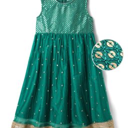 EARTHY TOUCH Woven Sleeveless Ethnic Dress with Sequin & Lace Detailing - Teal Blue-image-80