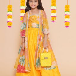 Bitiya By Bhama Silk Woven Floral Printed Gota Lace Embellished Lehenga Choli With Three Fourth Sleeves Shrug Set - Yellow-image-36