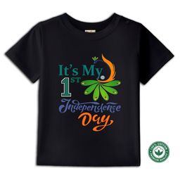 BLUSHES 100% Cotton Knit Independence Day Theme Half Sleeves Its My 1st Independence Day Text Printed Tee - Black-image-94