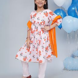 Little Bansi 100% Cotton With Muslin Woven Three Fourth Sleeves Marigold Printed Angrakha Kurti With Pant & Dupatta - Baby Pink-picture-36