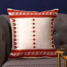 JAYPORE Rust & White Embroidered Cotton Pre-Filled Cushion-image-31