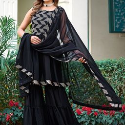 GRISHU COLLECTION Geometric Embroidered Georgette Anarkali Kurta With Sharara & Dupatta image 5